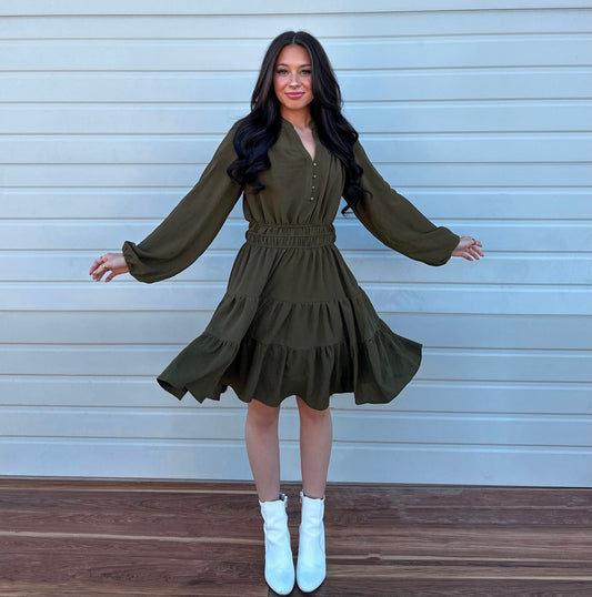 Balloon Sleeve Olive Dress